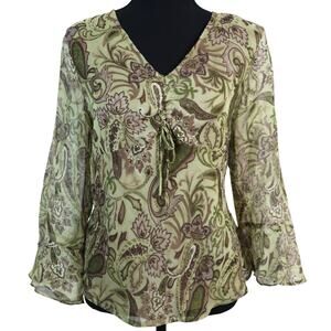 SILK Vintage Y2K Green Brown Paisley Top Fairycore Bell Ruched Bow Beaded PL